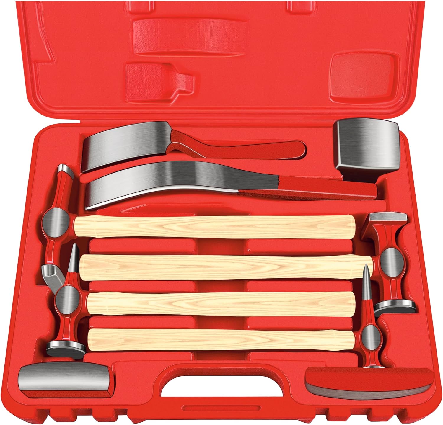 C&T 9 Piece Heavy Auto Body Repair Tool Hammer Dolly Set, Car Body Repair Tool Kit with Carrying Case, Hickory Handles,Fender Repair kit