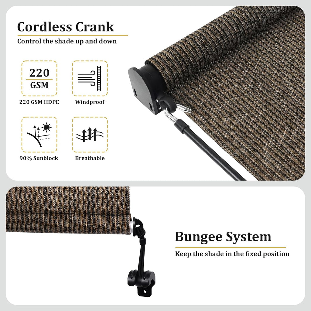 Shade&Beyond Patio Shades Roll Up Outdoor 11' W x 8' H, Cordless Roller Shade Blinds with 90% UV Protection, Exterior Sunshade Cloth Roll for Pergola Porch Gazebo Balcony, Mocha