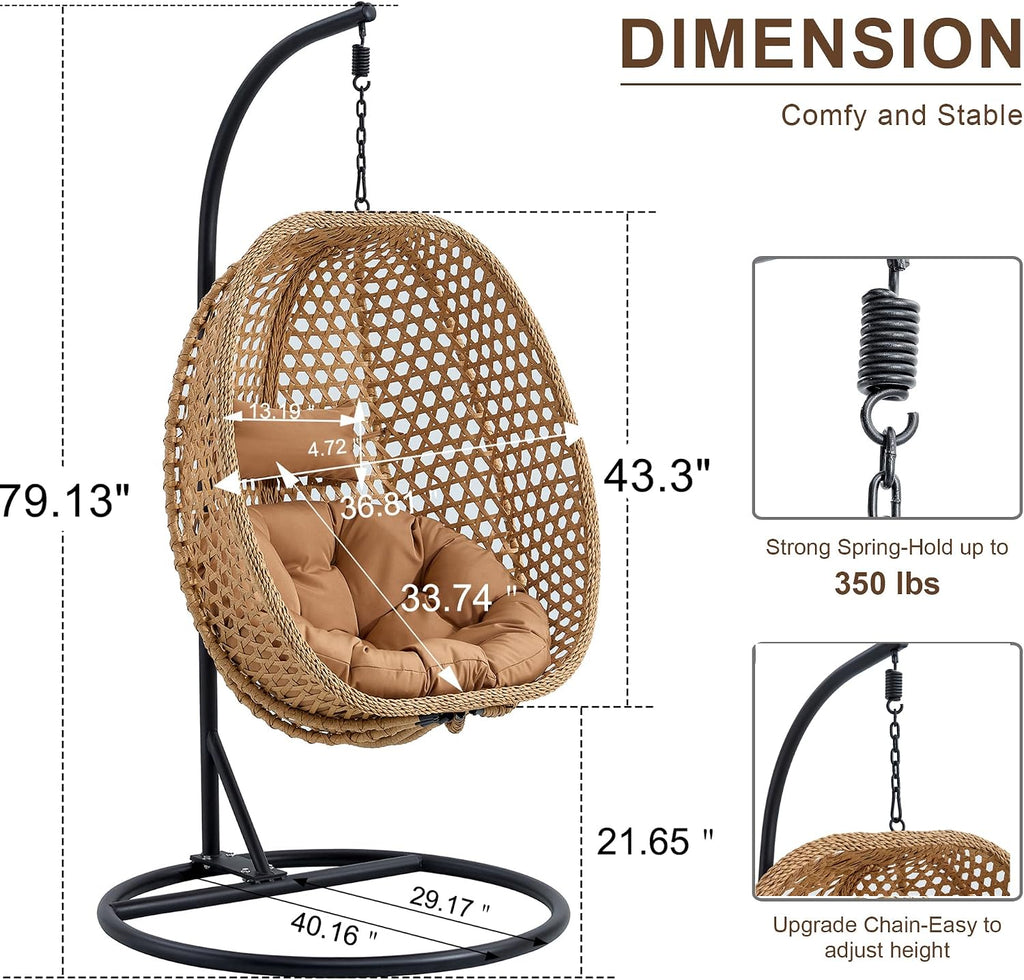 Swining Egg Chair with Stand,Wicker Rattan Hanging Egg Chairs, Patio Swing with UV Resistant Cushion, Outdoor Indoor Hanging with Foldable Basket & Metal Stand for Bedroom (Light Brown-S)