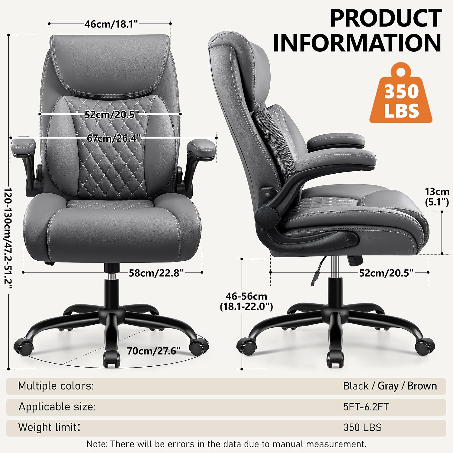 BESTFAIR Office Chair, Ergonomic Computer Desk Chairs with Lumbar Support for Lower Back Pain Relief, Executive Leather Home Chair Comfy with Padded Flip-up Armrests, Gray, 2-Pack