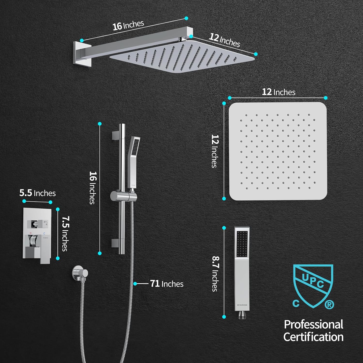 SR SUN RISE 12 Inch Slide Bar Shower System, Square Rain Shower Head and Handheld Spray, Wall Mounted Shower Faucets Sets Complete Included Valve and Shower Trim Kit, Polished Chrome