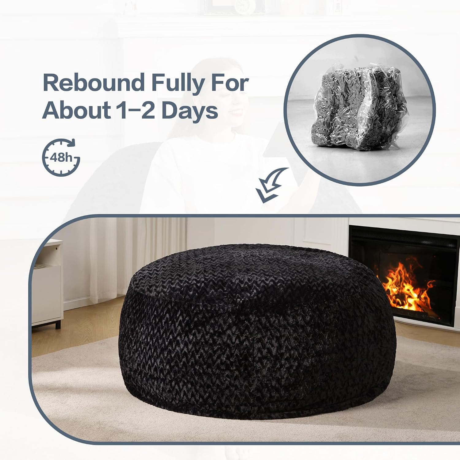 Hobestluk 5ft Bean Bag Chairs for Adults Large Beanbag Chair with Chevron Plush Fur Cover Big Bean Bag Chair for Living Room Bedroom Dorm Office - Black (50' x 50' x 24')