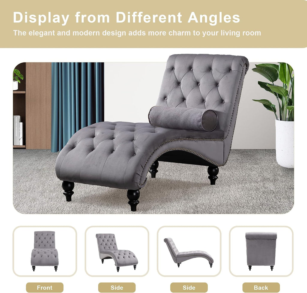 Velvet Chaise Lounge Indoor,Button-Tufted Upholstered Chaise Lounge Chair with Pillow for Bedroom Living Room Office Modern Backrest Leisure Recliner Sleep Sofa,Grey New