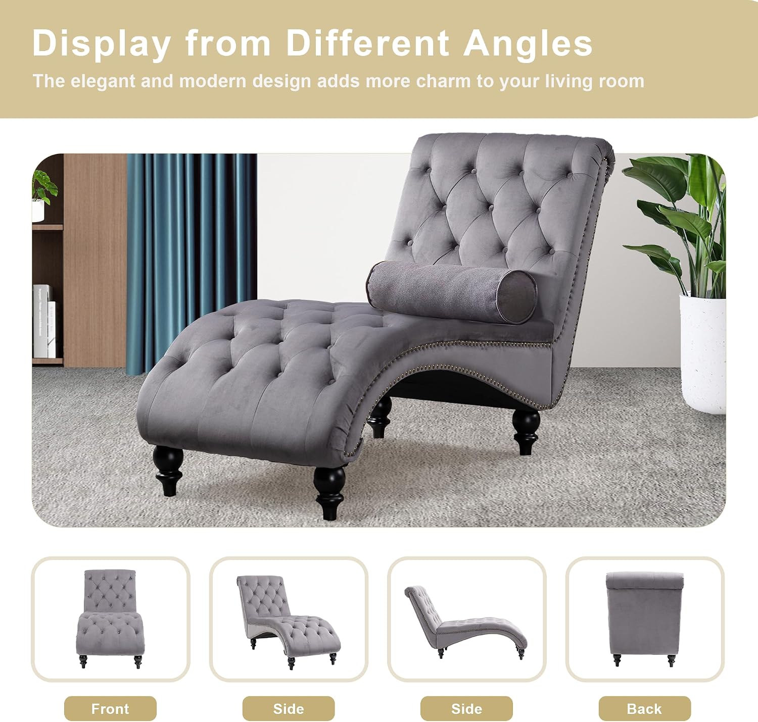 Velvet Chaise Lounge Indoor,Button-Tufted Upholstered Chaise Lounge Chair with Pillow for Bedroom Living Room Office Modern Backrest Leisure Recliner Sleep Sofa,Grey New
