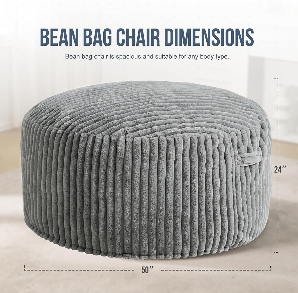 Hobestluk 5ft Bean Bag Chairs for Adults Large Beanbag Chair with Stripe Plush Cover Big Bean Bag Chair for Living Room Bedroom Dorm Office -Grey (50' x 50' x 24')
