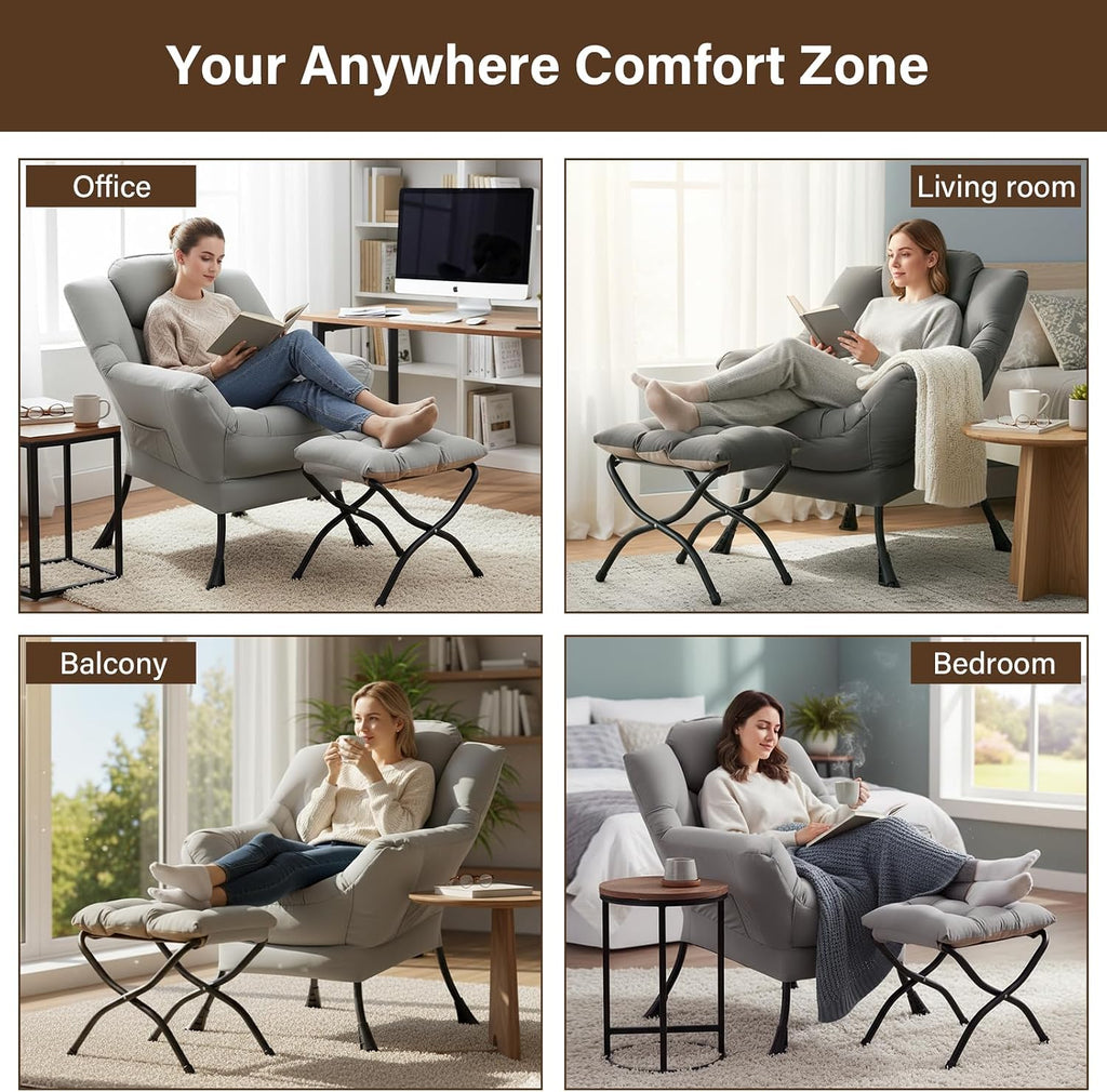 Welnow Lazy Chair with Ottoman, Modern Accent Chair with Armrests and a Side Pocket, Leisure Sofa Armchair Set, Reading Armchair with Footrest for Small Space, Light Grey