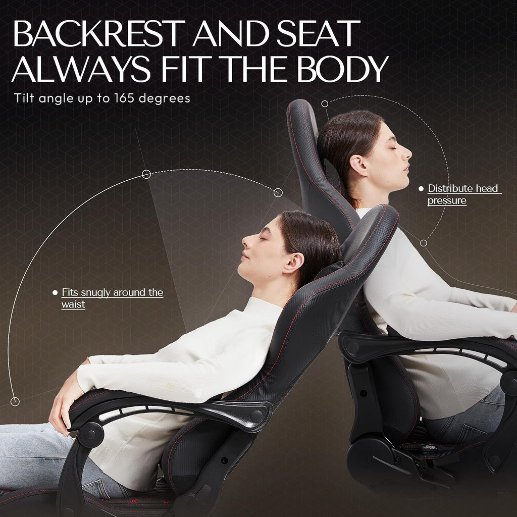Dowinx Gaming/Office PC Chair with Massage Lumbar Support, Vintage Style PU Leather High Back Adjustable Swivel Task Chair with Footrest (Black and Red)