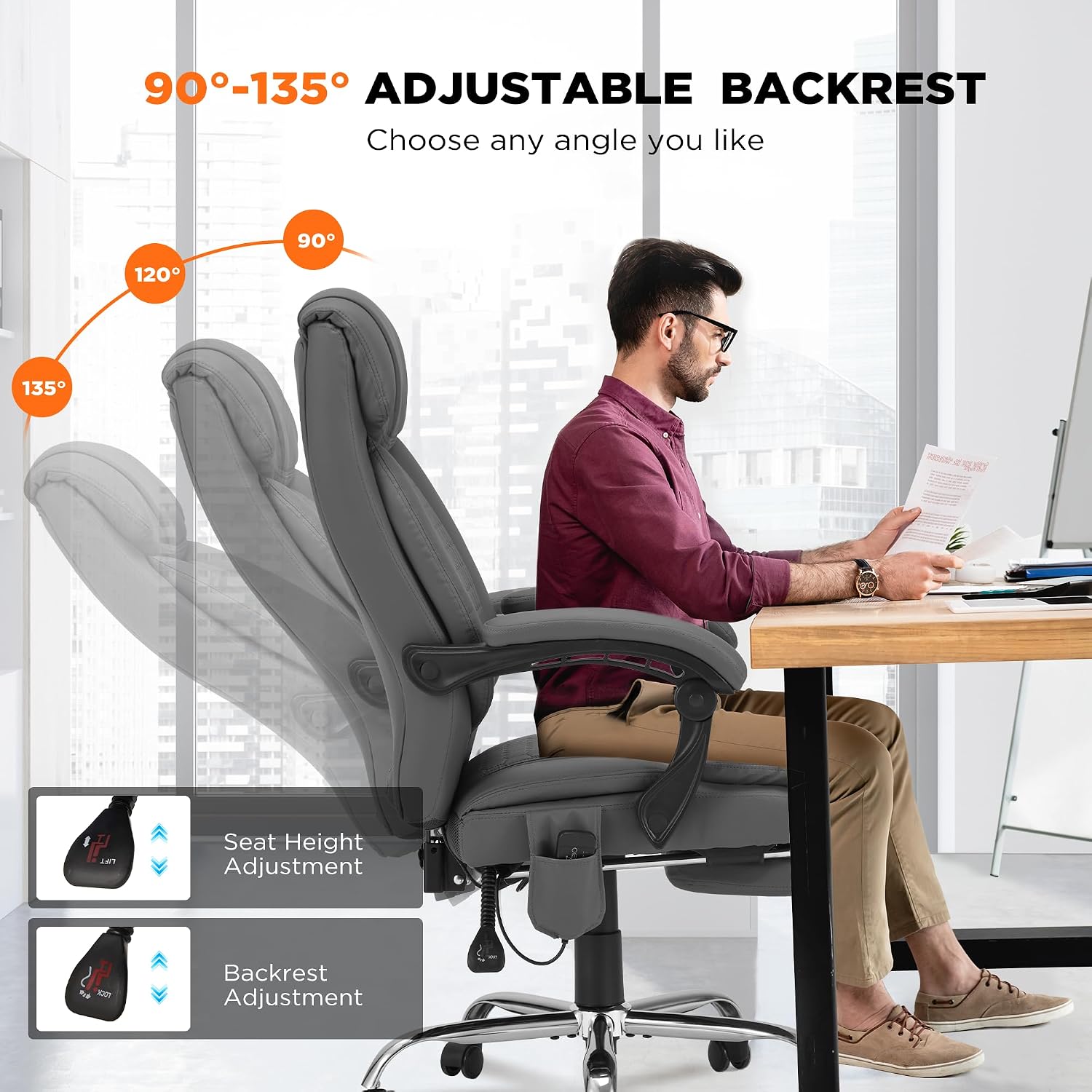 HOMREST 4-Point Massage Office Chair with Heating and Footrest, Reclining Executive Leather Desk Chair, Ergonomic Heated Managerial Chair for Home Office, Grey