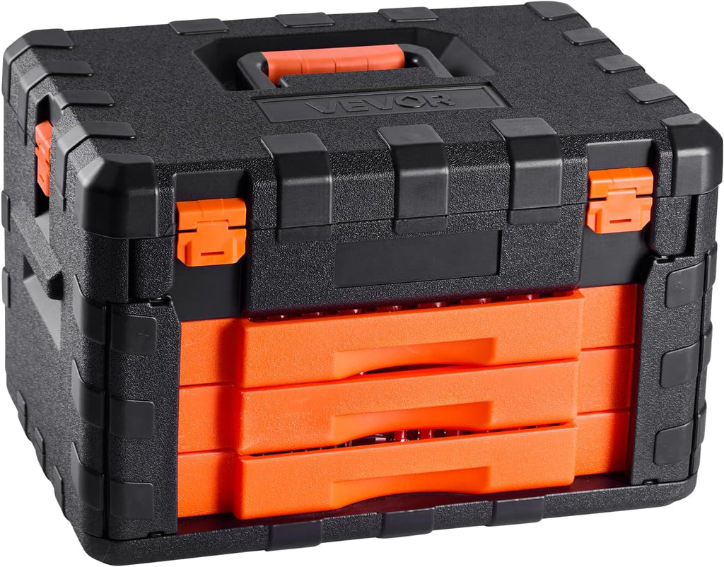 VEVOR Mechanics Tool Set and Socket Set, 450 Pcs, 1/4, 3/8 and 1/2 inch Drive Deep and Standard Sockets, SAE Metric Mechanic Tool Kit with Bits, Wrenches, Accessories, Storage Case with Orange Drawer