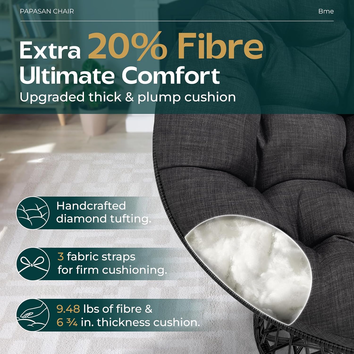 Bme 40' Ergonomic Wicker Papasan Chair with Soft Thick Density Fabric Cushion, High Capacity Steel Frame, 360 Degree Swivel for Living, Bedroom, Reading Room, Lounge, Onyx Stone - Black Base