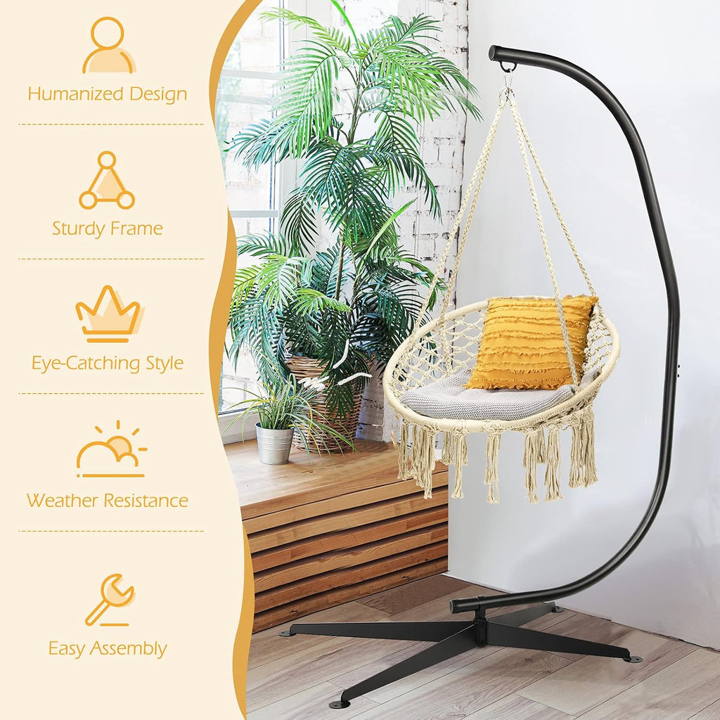 Giantex Hammock Chair with Stand, Solid Steel Heavy Duty C Stand with Macrame Hanging Chair, Handwoven Tassels Swing Chair Include Hammock Stand for Indoor Outdoor Use (Beige)