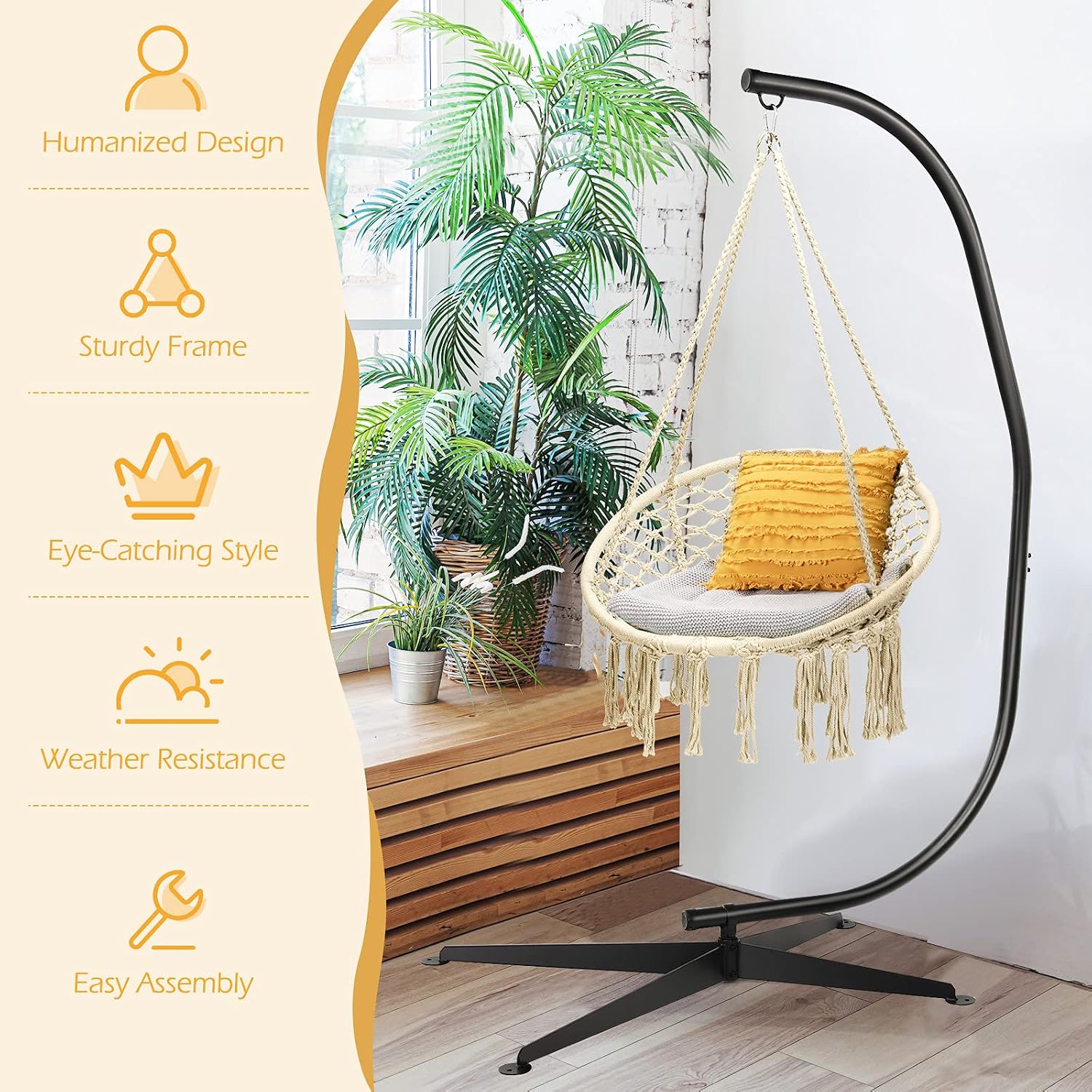 Giantex Hammock Chair with Stand, Solid Steel Heavy Duty C Stand with Macrame Hanging Chair, Handwoven Tassels Swing Chair Include Hammock Stand for Indoor Outdoor Use (Beige)