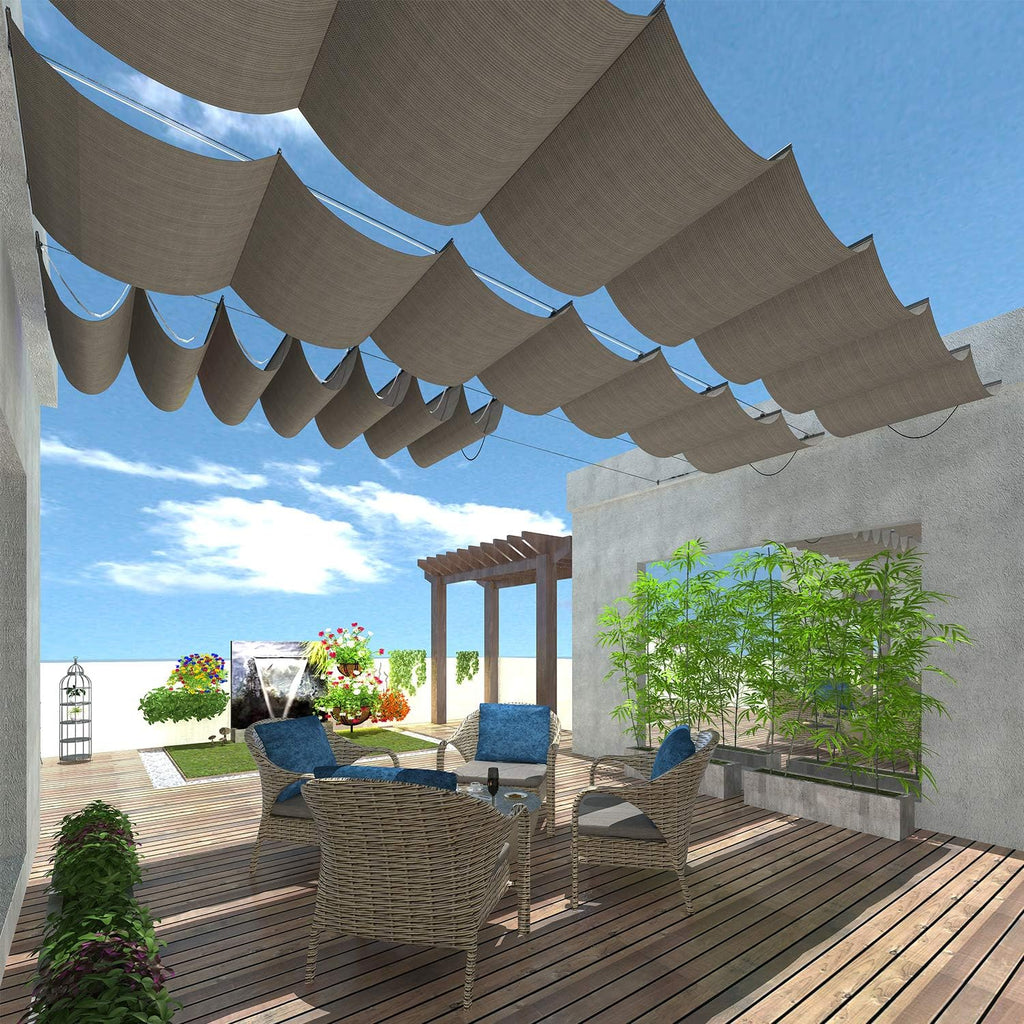 TANG 7' x 12' Pergola Cover Shade Canopy, Retractable Awning Sun Shades Outdoor Patio Pergolas Kit for Deck Backyard Gazebo, Wave Shade Sail with Hardware Wire Cable, Brown