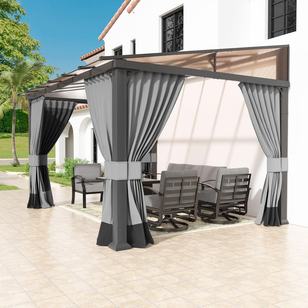 Kullavik 10' × 12' Hardtop Gazebo for Patio,Wall-Mounted Lean to Gazebo Pergola with Sloping Roof and Durable Aluminum Frame,Large Heavy Duty Awnings for Decks,Backyard,Grey