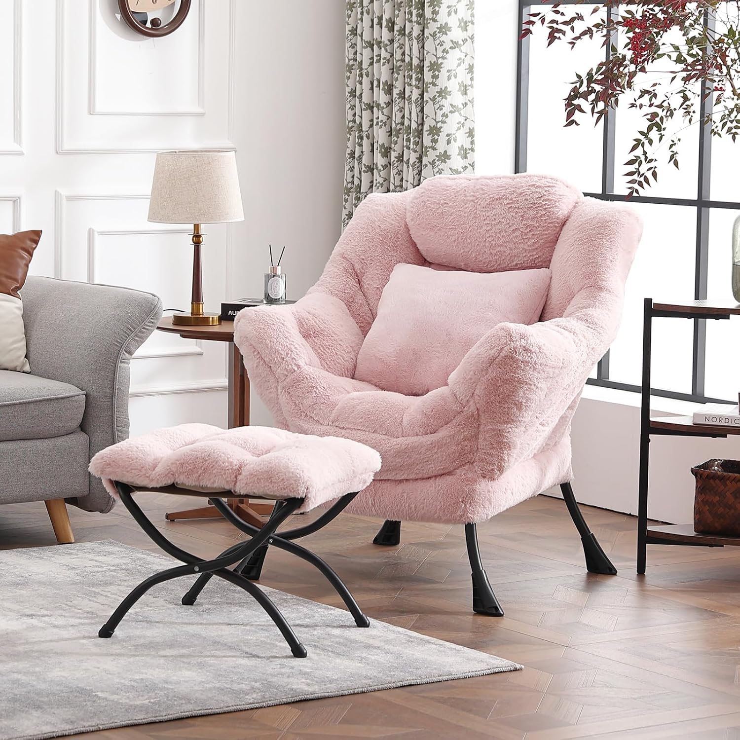 Lazy Chair with Ottoman, Large Pink Accent Chair with Ottoman and FA Throw Pillow, Comfy Plush Reading Chair for Living Room Bedroom Dorm Room Office Apartment Relaxing Use