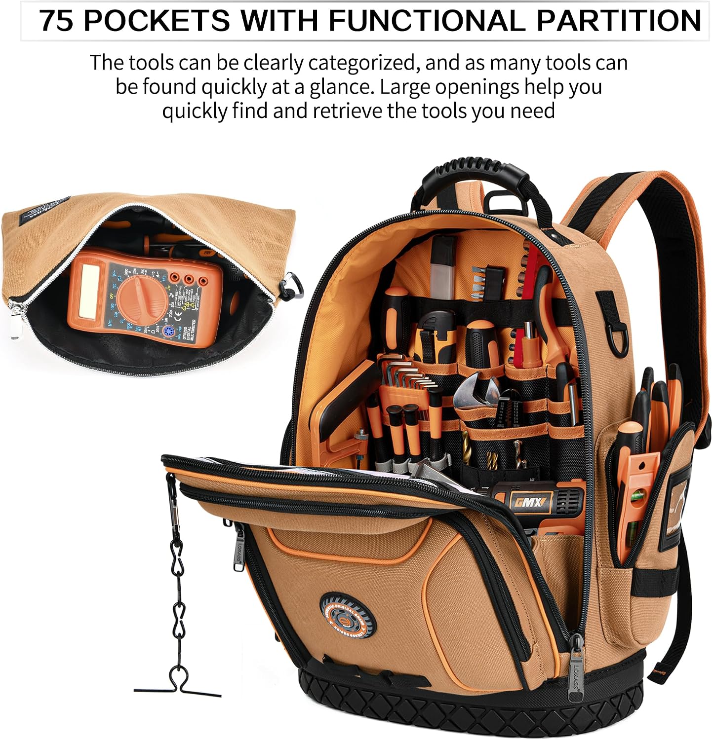 Tool Bag Backpack with 2 Canvas Tool Pouch Tool Kit, 75 Pockets & Loops Heavy Duty Tools Organizer/HVAC Tool Carrier for Eelectrician/Construction Work with Molded Base and Combination Lock, Brown