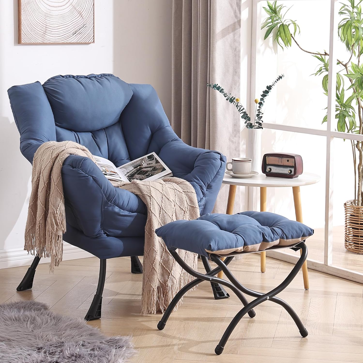 Welnow Lazy Chair with Ottoman, Modern Accent Chair with Armrests and a Side Pocket, Leisure Sofa Armchair, Reading Armchair with Footrest for Small Space, Royal Blue