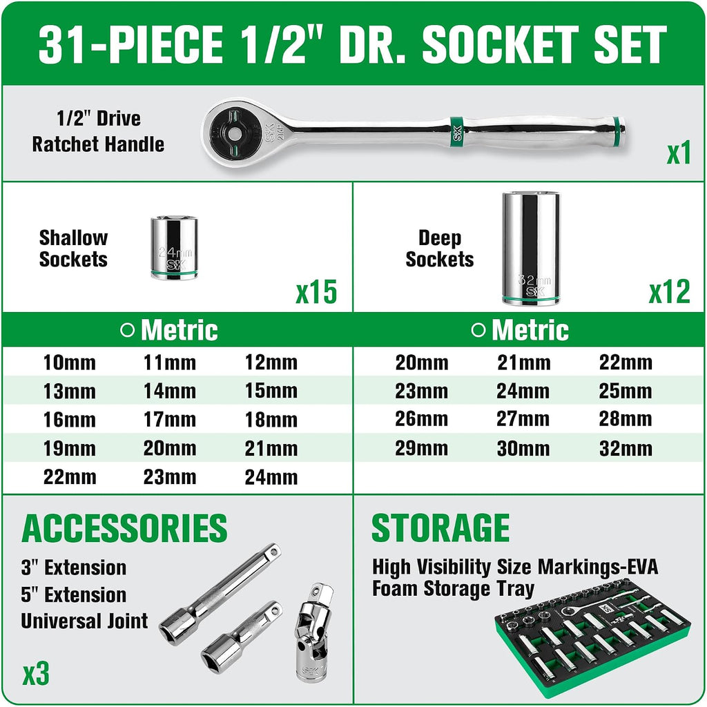 SK Tools USA 1/2' Drive, 31 Piece, 6 Point, Standard & Deept, Metric Chrome Socket Set | SK01315-216P