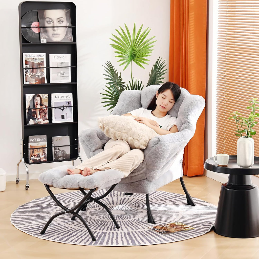 Lazy Chair with Ottoman, Large Light Grey Accent Chair with Ottoman and FA Throw Pillow, Comfy Plush Reading Chair for Living Room Bedroom Dorm Room Office Apartment Relaxing Use
