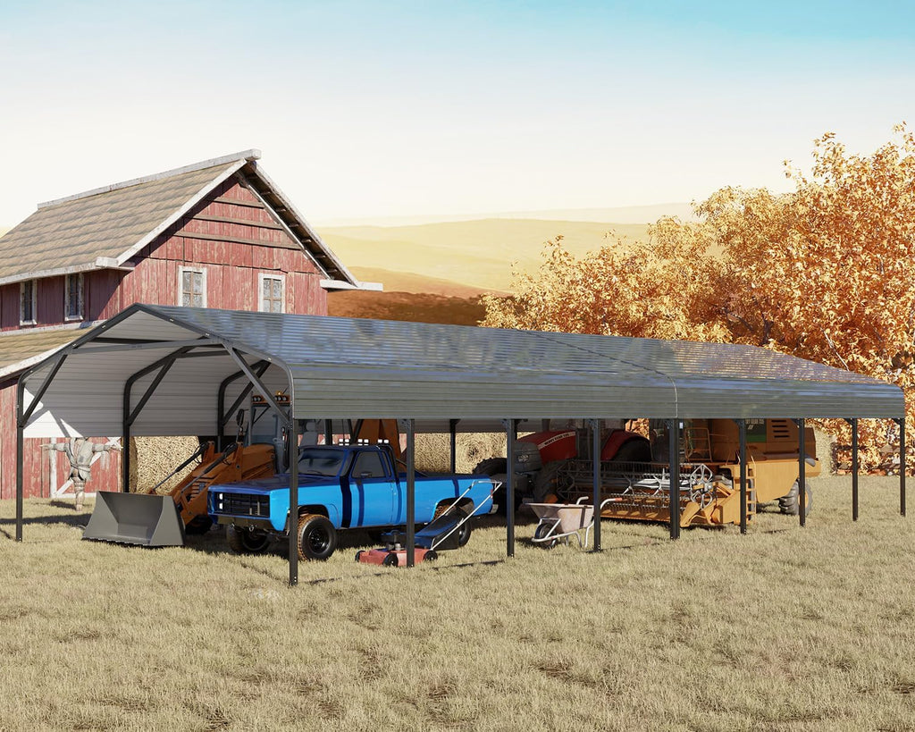 20x52 FT Ultra-Long Industrial Carport Kit, All-Weather Steel Garage for Class A RVs,Farm Equipment, 120lbs/Sq.Ft Snow Wind Resistant Carports Modular Canopy with Anti-Snow Roof Auger Anchoring System