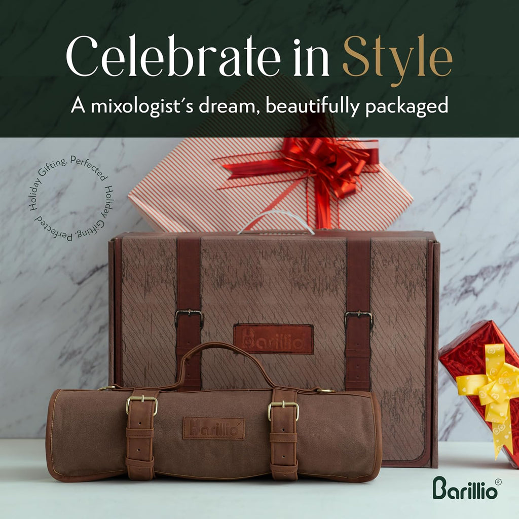 Barillio Bartender Kit Bag with Gold Cocktail Shaker Set - Waxed Canvas, Traveling Bar Tools Bag with 17-Pc Cocktail Kit - Travel Mixology Bartending Kits - Mobile Bar Roll with Strap & Accessories