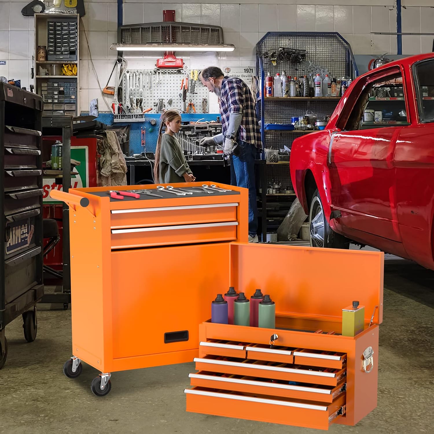 Go Big 8-Drawers Tool Chest Tool Box, Rolling Tool Chest with Wheels, Rolling Tool Box with Wheels, Garage Tool Storage Cabinet on Wheels, Locking System Toolbox(Orange)