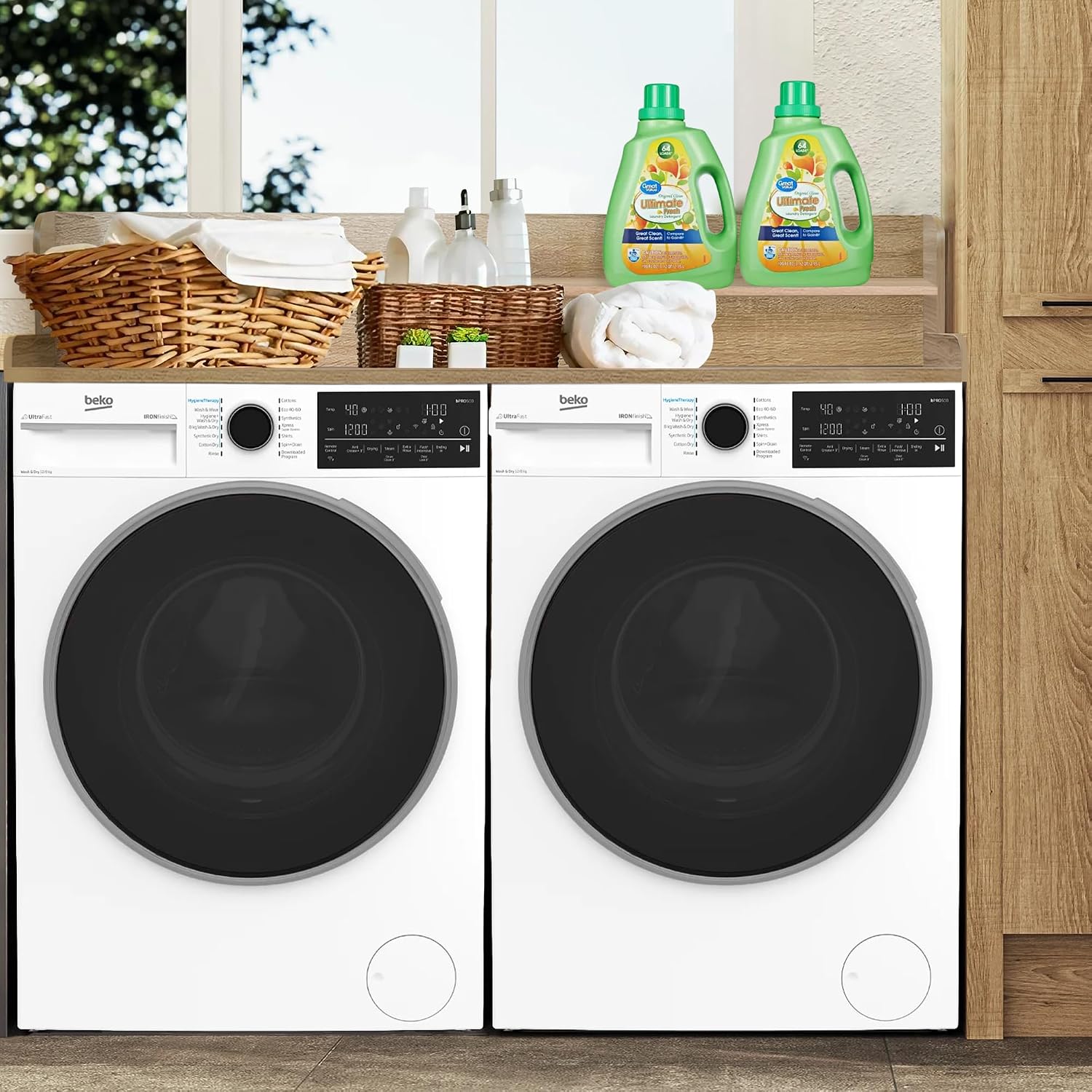 Royxen Laundry Countertop with 2-Tier Shelf Universal Fit, Washer and Dryer Countertop with Storage Space, Shelf Height 11.5 Inches, Solid Wood Core, White Oak