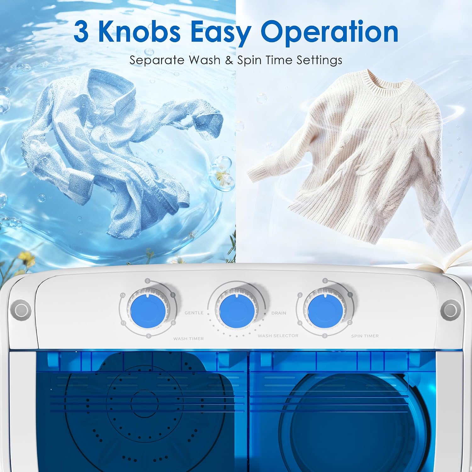 INTERGREAT Portable Washer and Dryer, 16 lbs Mini Small Washing Machine Combo with Spin Dryer, Compact Twin Tub Laundry Washer Machine for Apartments, Dorm, Rv, Camping, Blue