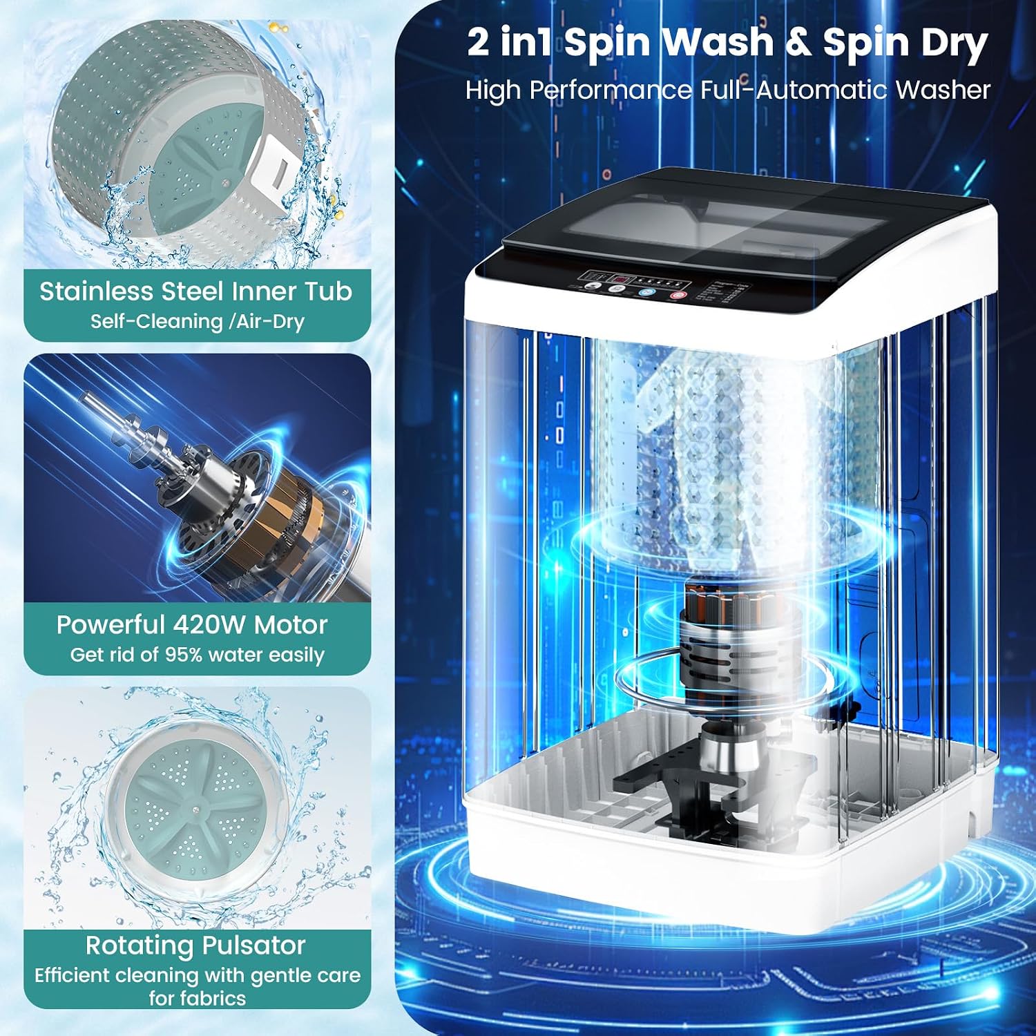 Auertech 35 lbs Washing Machine, Fully Automatic Portable Washer with LED Display, 12 Wash Cycles, 8 Water Levels, Large Capacity Washer and Spin Dryer Combo with Drain Pump for Apartment, Home