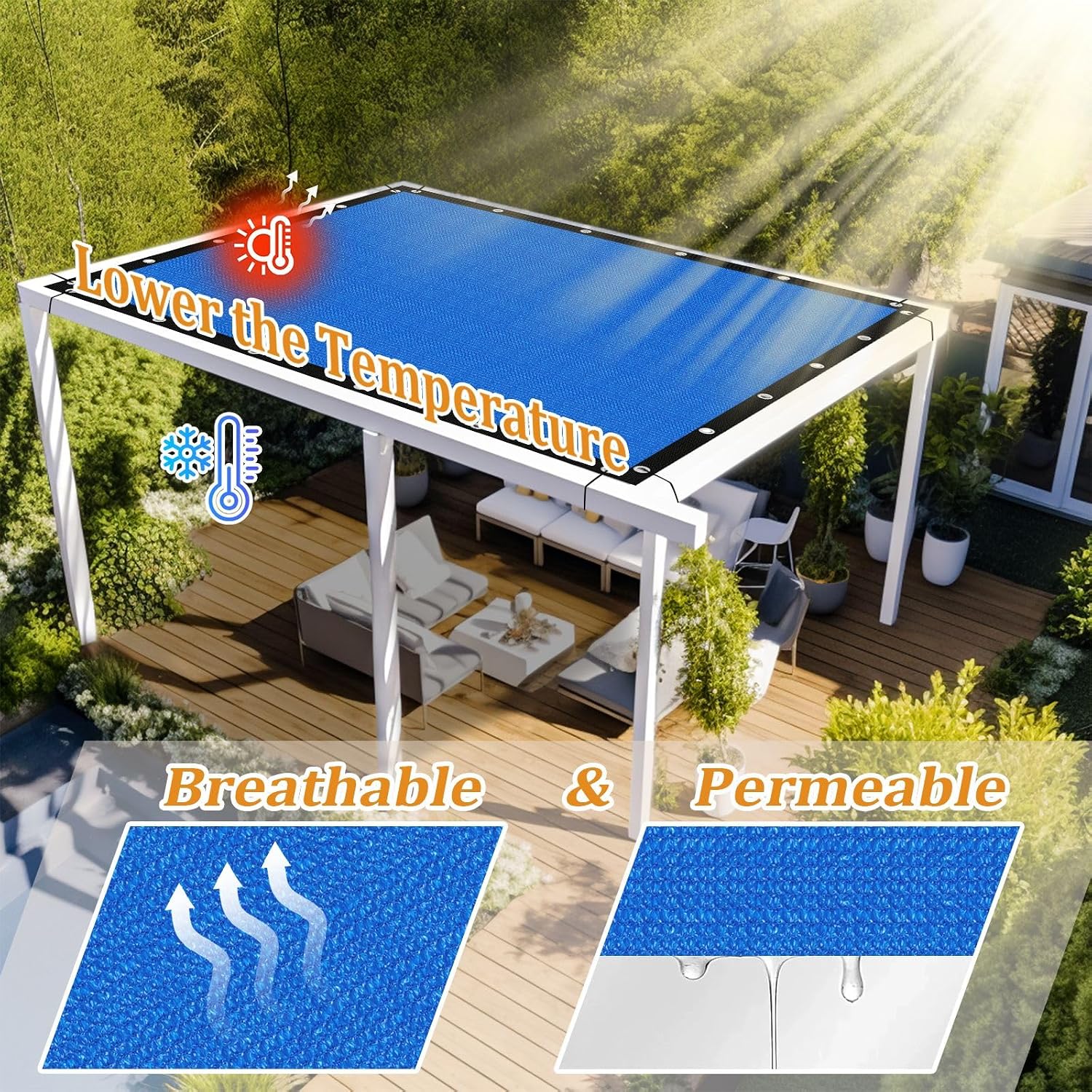 Shade&Beyond Customized Size 90% Sun Shade Cloth with Grommets, 12' X 20' Pergola Shade Cover Canopy, Mesh Tarp Sun Screens for Patio, Outdoor, Garden, Backyard GN02, Blue