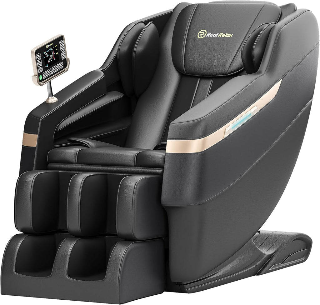 Real Relax 2025 Full Body Massage Chair, Zero Gravity Shiatsu Massage Chair Recliner, Foot Massage, Bluetooth, Large Control Screen (Black and Gold)