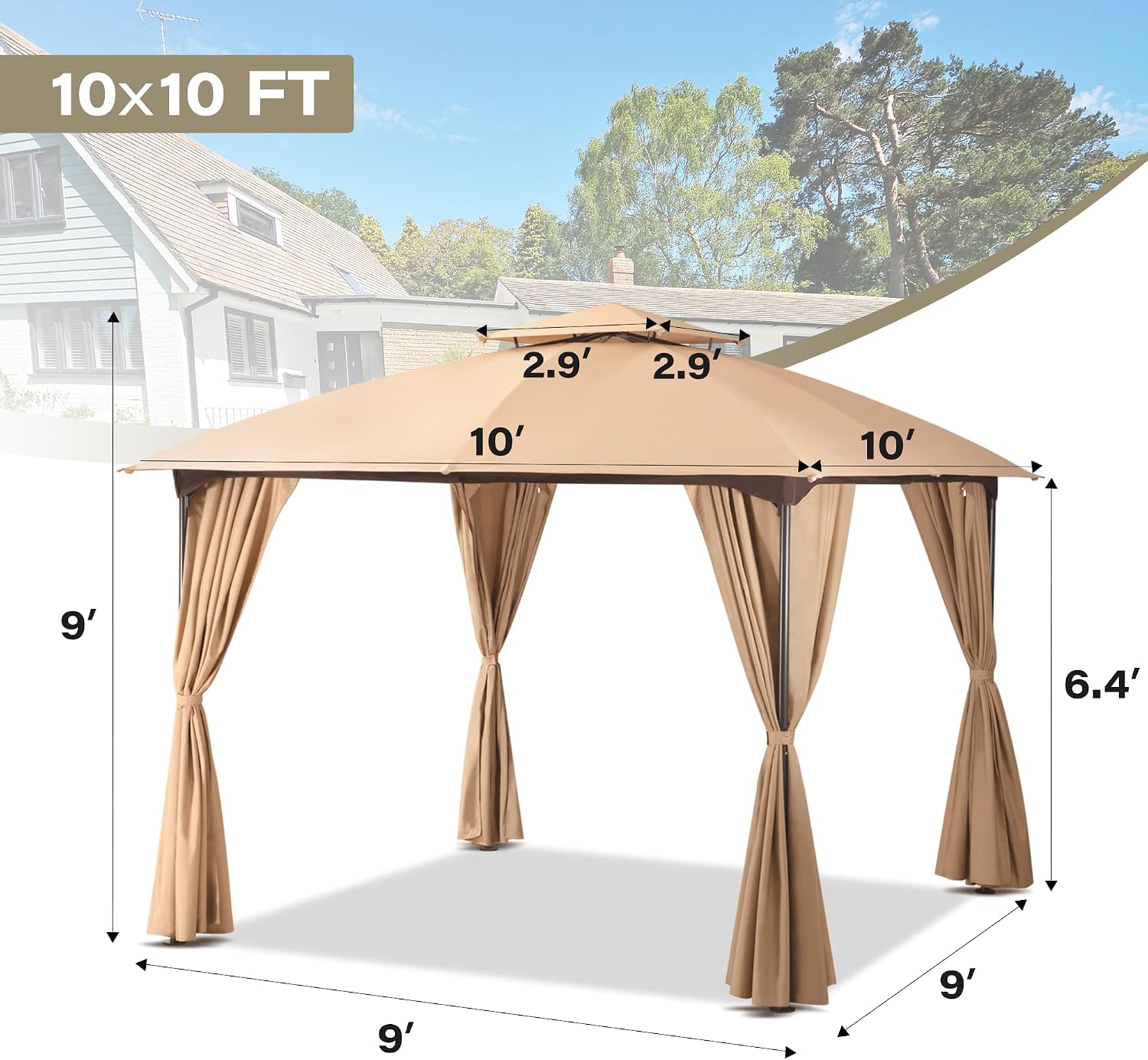 LAUSAINT HOME 10x10 Patio Arc Gazebo Outdoor Canopy Tent with Curtains, Soft Top Party Shelter with Expansion Bolts and Wind-Resistant Ropes for Backyard, Garden, Lawn, Deck, Khaki