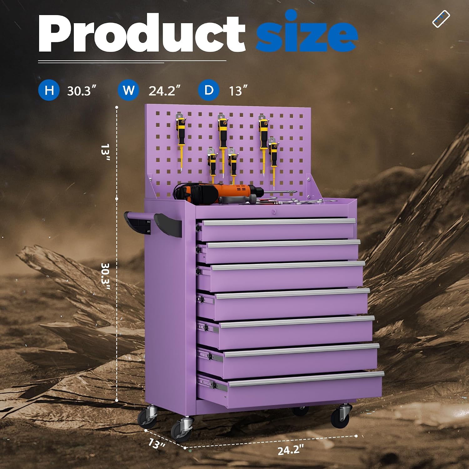 INTERGREAT 7 Drawers Rolling Tool Box with Pegboard,Portable Tool Chest with Wheels, Tool Box Organizer with Locking System for Garage(Purple)