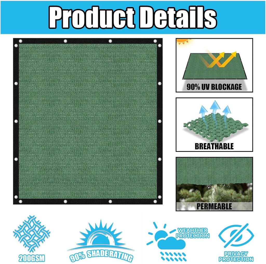 Amagenix 90% Pergola Shade Cover 12' X 20' Green Sun Shade Cloth with Grommets GN02 for Outdoor Garden Patio Porch, Commercial Grade 200 GSM - Cable Zip Ties Included (We Customized)
