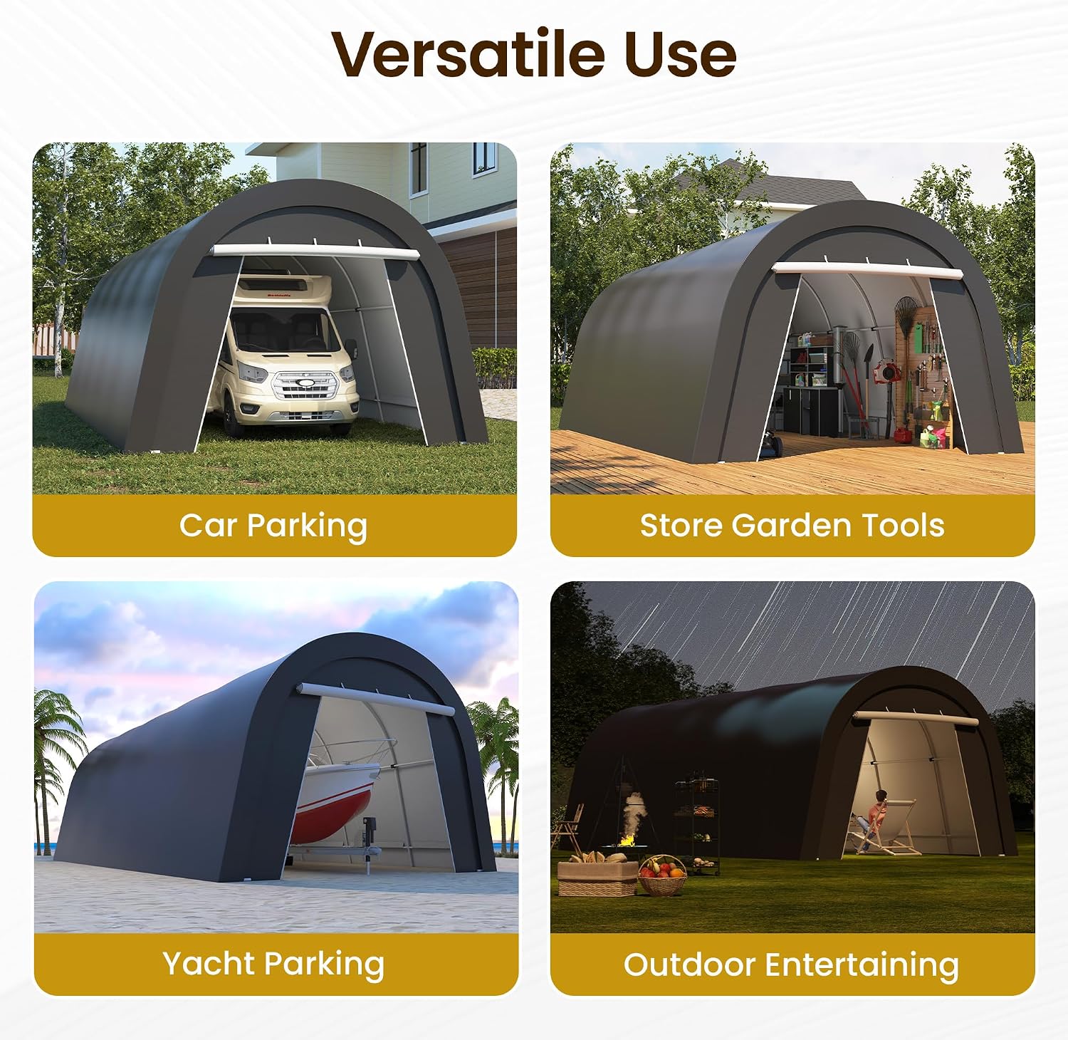 FansaFurn Domed Carport with 4 Cloth Bags, Portable Garage with 2 Roll-up Doors, Heavy Duty Car Canopy Party Tent, All-Season Storage Shelter Shed for Boat, Truck, or Garden Tools, 12' x 25'
