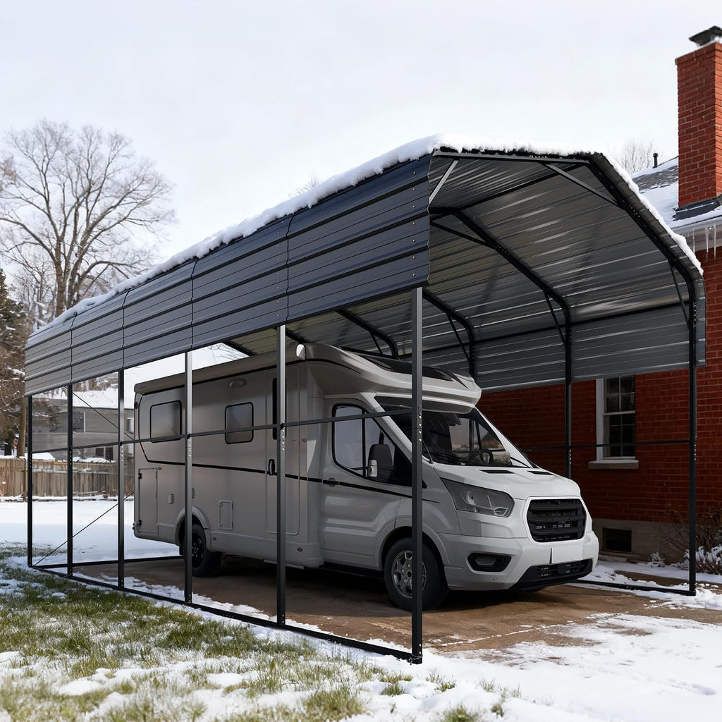 GREEN PARTY 14 x 25 x 13 ft Metal RV Carport Kits with Galvanized Steel Roof, Heavy Duty 2 Car Outdoor Car-Shed Canopy, Car Tent Metal Garage Shelter for RV, SUV, Truck, Tractors and Boats, Gray