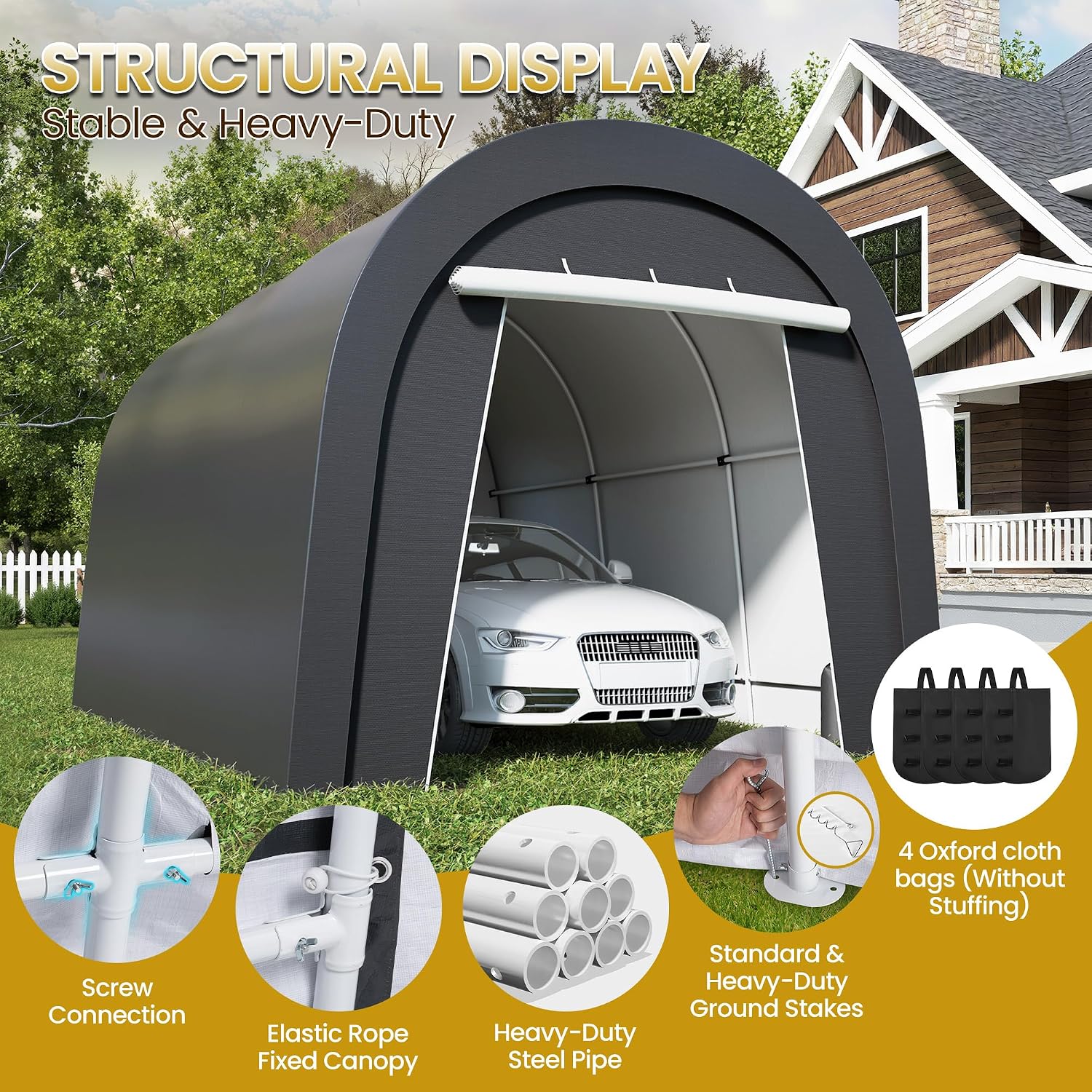 FansaFurn Domed Carport with 4 Cloth Bags, Portable Garage with 2 Roll-up Doors, Heavy Duty Car Canopy Party Tent, All-Season Storage Shelter Shed for Cars, Truck, or Garden Tools, 10' x 15'