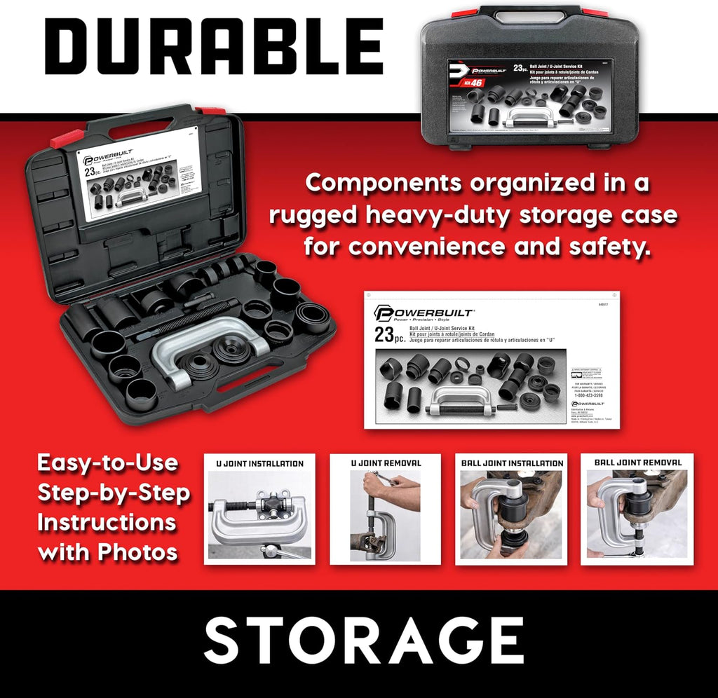Powerbuilt Ball and U Joint Service Set, 23 Piece Tool Kit, Remove and Install Ball Joints, Receiving Tube, Adapters, Sockets - 648617