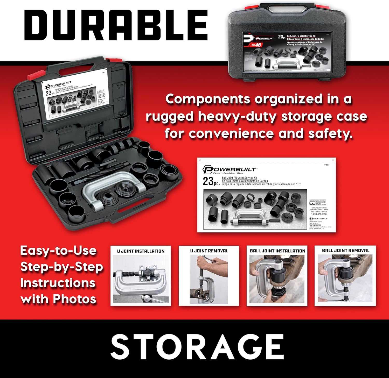 Powerbuilt Ball and U Joint Service Set, 23 Piece Tool Kit, Remove and Install Ball Joints, Receiving Tube, Adapters, Sockets - 648617