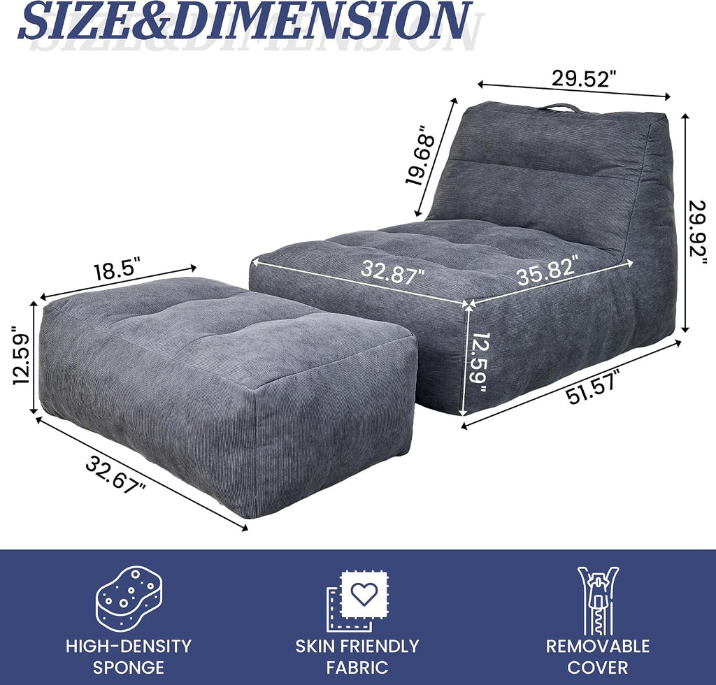 Bean Bag Chair with Ottoman, Giant Bean Bag Chairs for Adults with Memory Foam, Comfy Bean Bag Sofa for Bedroom, Lounge Beanbag of Reading and Gaming with Filler Included(Gray)