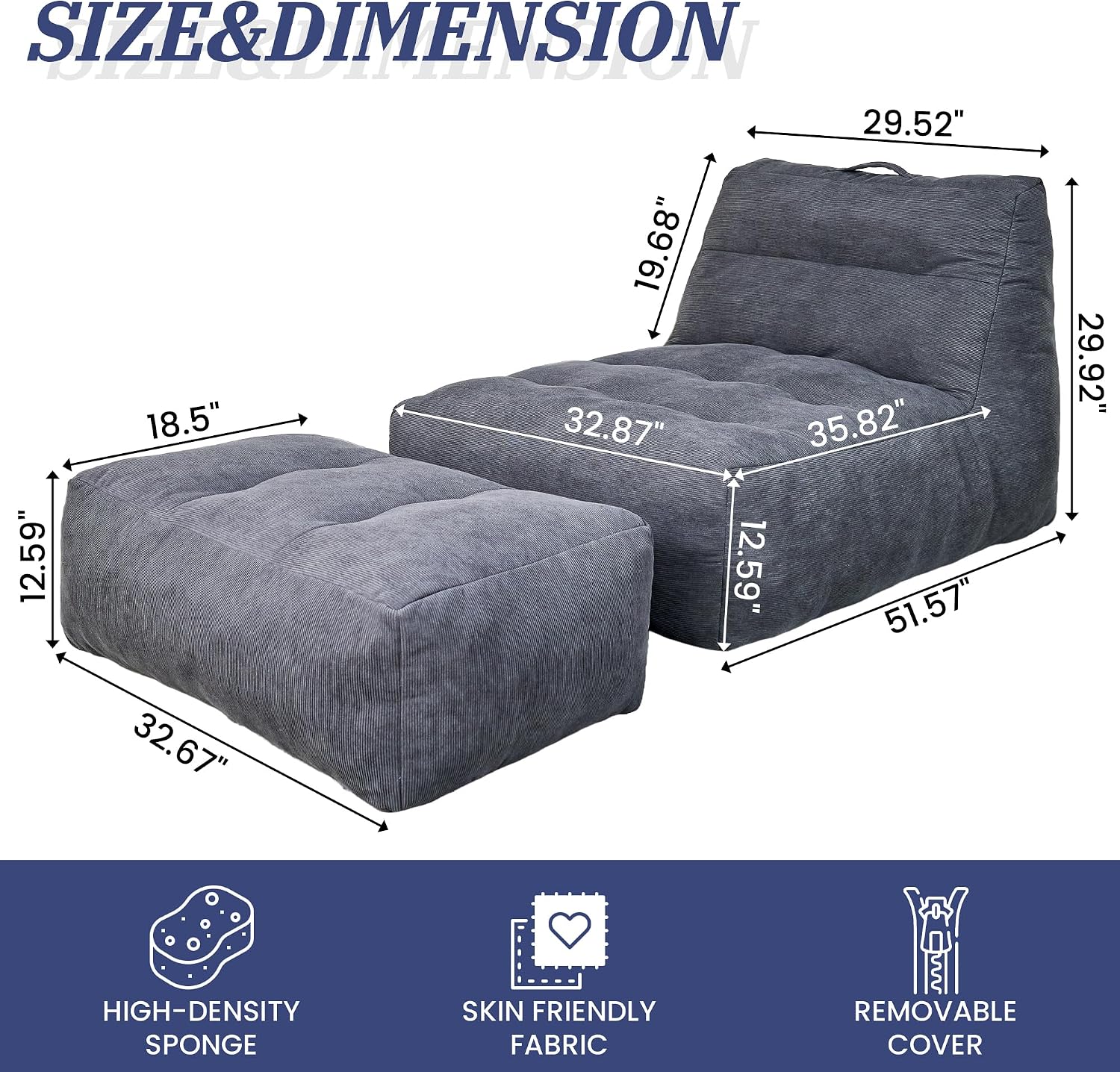 Bean Bag Chair with Ottoman, Giant Bean Bag Chairs for Adults with Memory Foam, Comfy Bean Bag Sofa for Bedroom, Lounge Beanbag of Reading and Gaming with Filler Included(Gray)