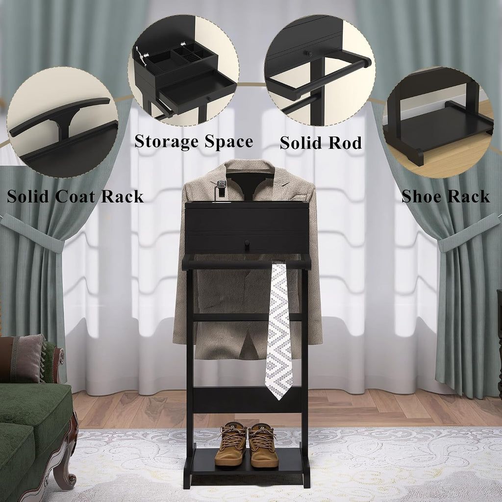 Mens Valet Stand with Drawer & Tray, Wooden Suit Valet Stand for Men Women Modern