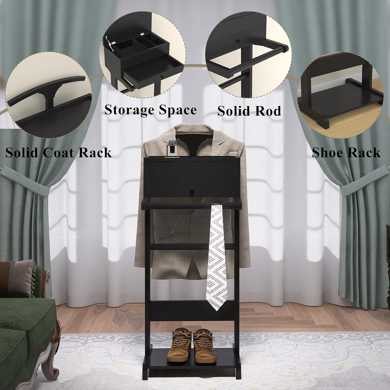 Mens Valet Stand with Drawer & Tray, Wooden Suit Valet Stand for Men Women Modern