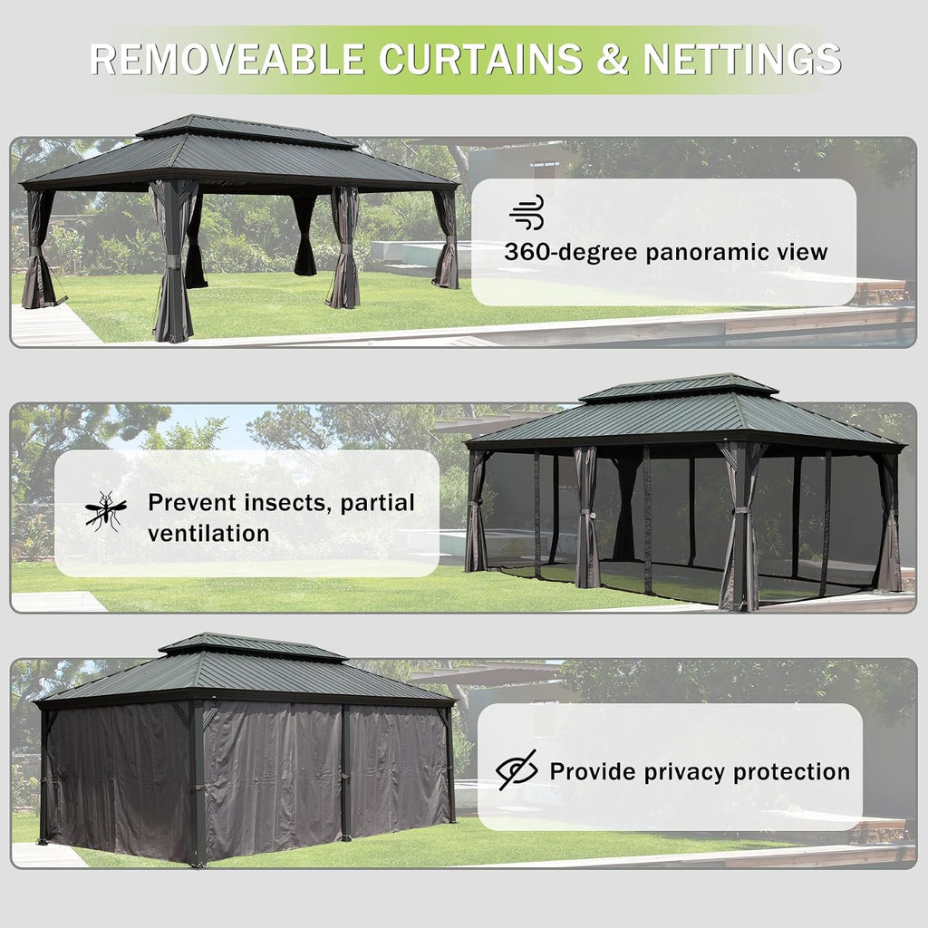 Domi 12x20FT Outdoor Gazebo, Hardtop Gazebo with Galvanized Steel Double Roof, Metal Gazebos with Drainage System Patio Pergola for Patio Deck Backyard,Curtain and Netting,Gray