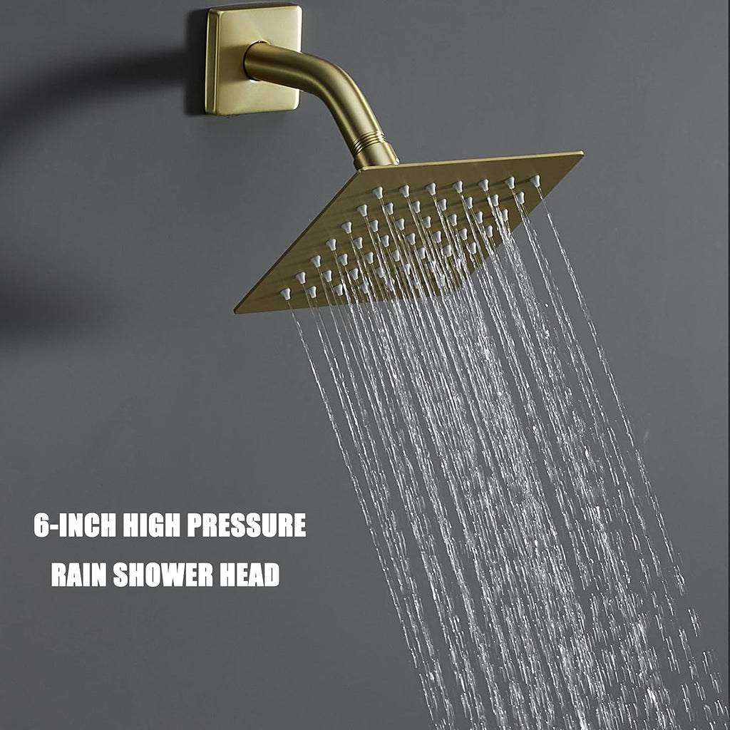 SOOOHOT Brushed Gold Shower Fixtues, Tub and Shower Faucet Set Combo with 6 Inch Gold Shower Head and Tub Spout, Gold Shower Head and Handle Set (Valve Included)