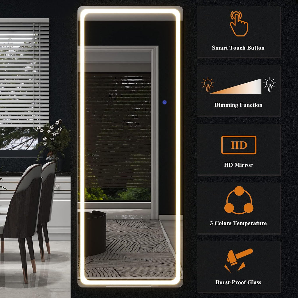 NeuType Full Length Mirror with Lights, 63'x16' Lighted Floor Mirror with Stand Full Body Mirror with Touch Button and Plug, Dimmable 3 Lighting for Bedroom Living Room, Round Corner, White