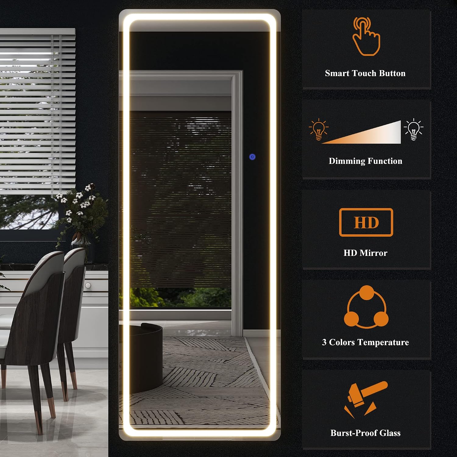 NeuType Full Length Mirror with Lights, 63'x16' Lighted Floor Mirror with Stand Full Body Mirror with Touch Button and Plug, Dimmable 3 Lighting for Bedroom Living Room, Round Corner, White