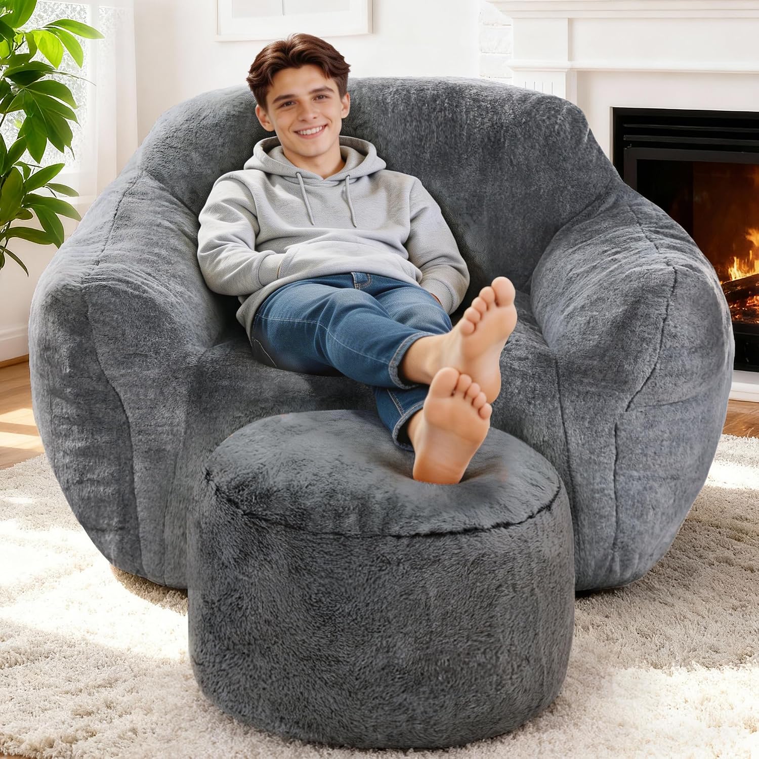 Giant Bean Bag Chair for Adults, Large Memory Foam BeanBag Chairs, Oversized Bean Bag Sofa with Filler, Faux Fur Big Reading Chair Comfy Floor Sofa Chair (Grey, Single with Ottoman)