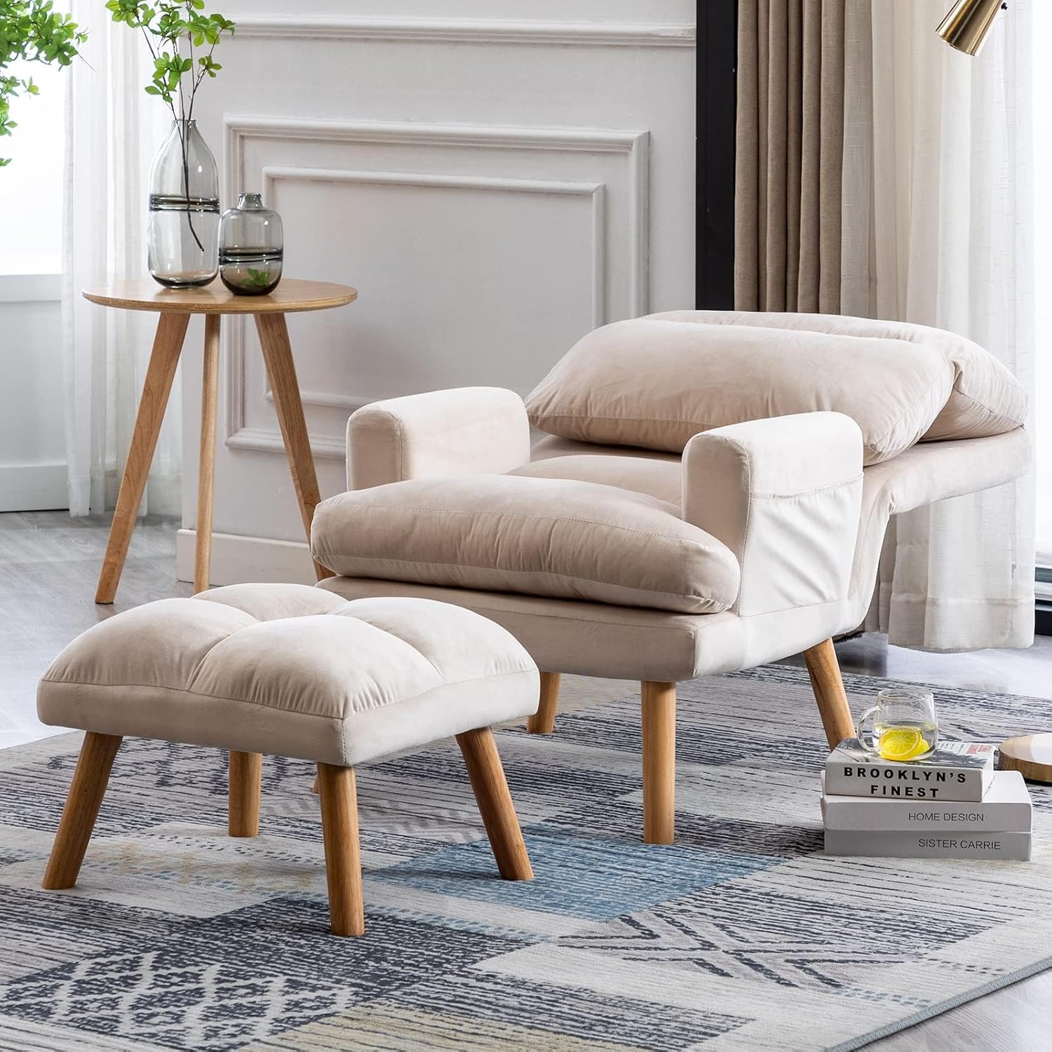 CANMOV Modern Accent Chair with Ottoman Set of 2, Soft Fabric Armchair with Adjustable Backrest and Side Pockets, Comfy Lounge Chair for Living Room, Bedroom, Apartment, Office, Beige