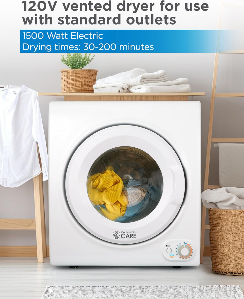 3.5 Cu. Ft. Portable Dryer, 120V Electric Dryer for Clothes, Holds Up To 13.2 lbs. or 6 kg. of Laundry, Stainless Steel Drum, 1500 Watts, White
